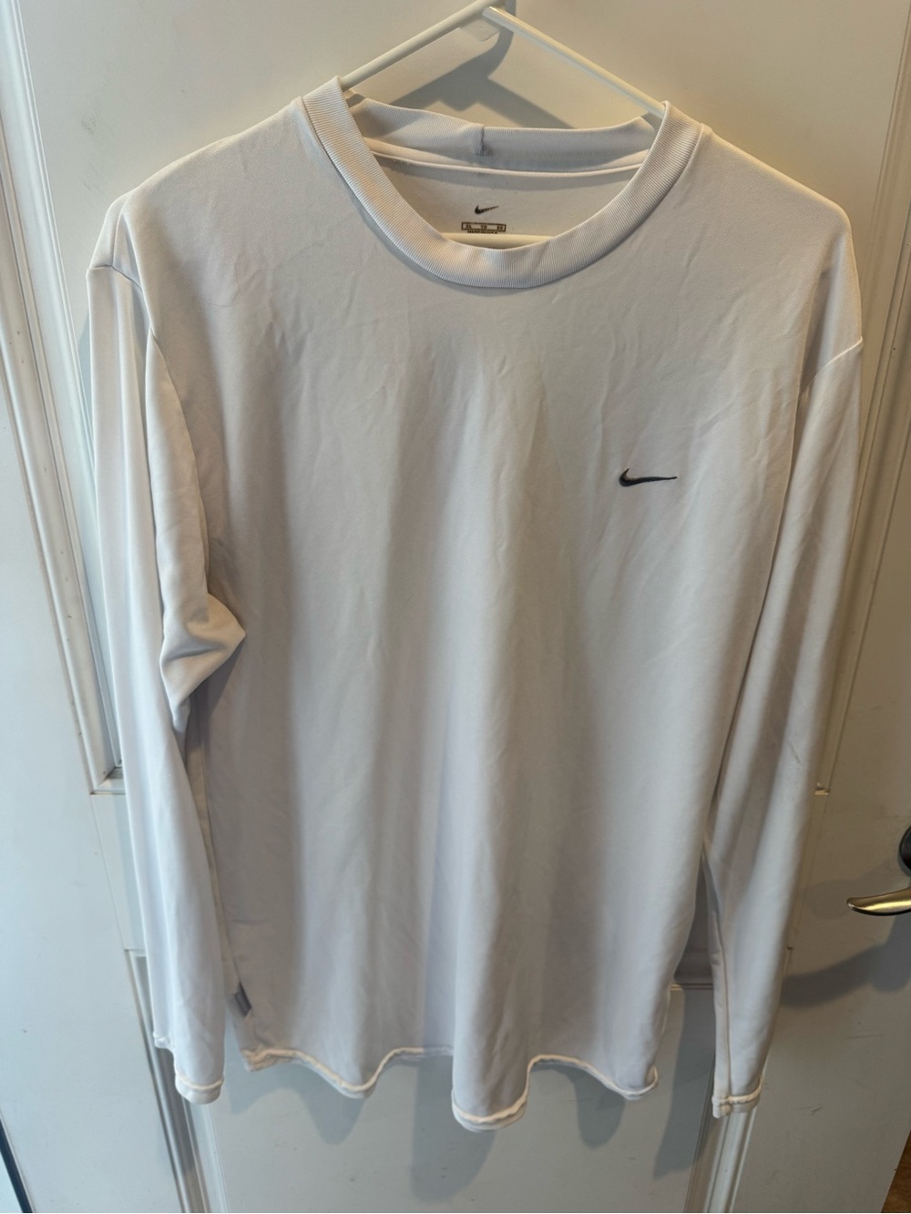 Nike White Long-Sleeve Dri-FIT Crew Shirt with Small Black Swoosh